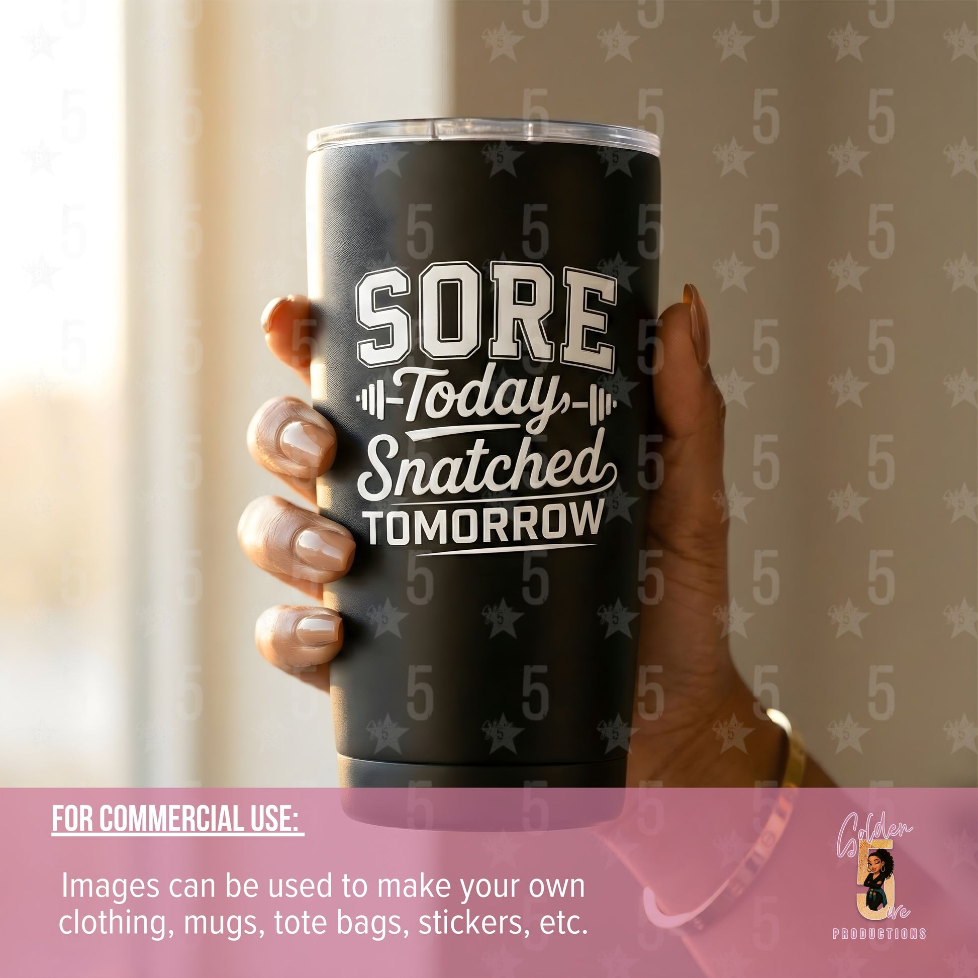 Black tumbler with 'Sore Today, Snatched Tomorrow' text held by a hand against a neutral background.