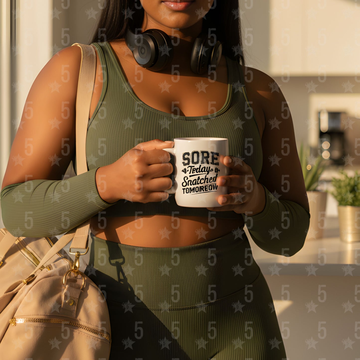 Person in green athletic wear holding a mug with text, standing outdoors.