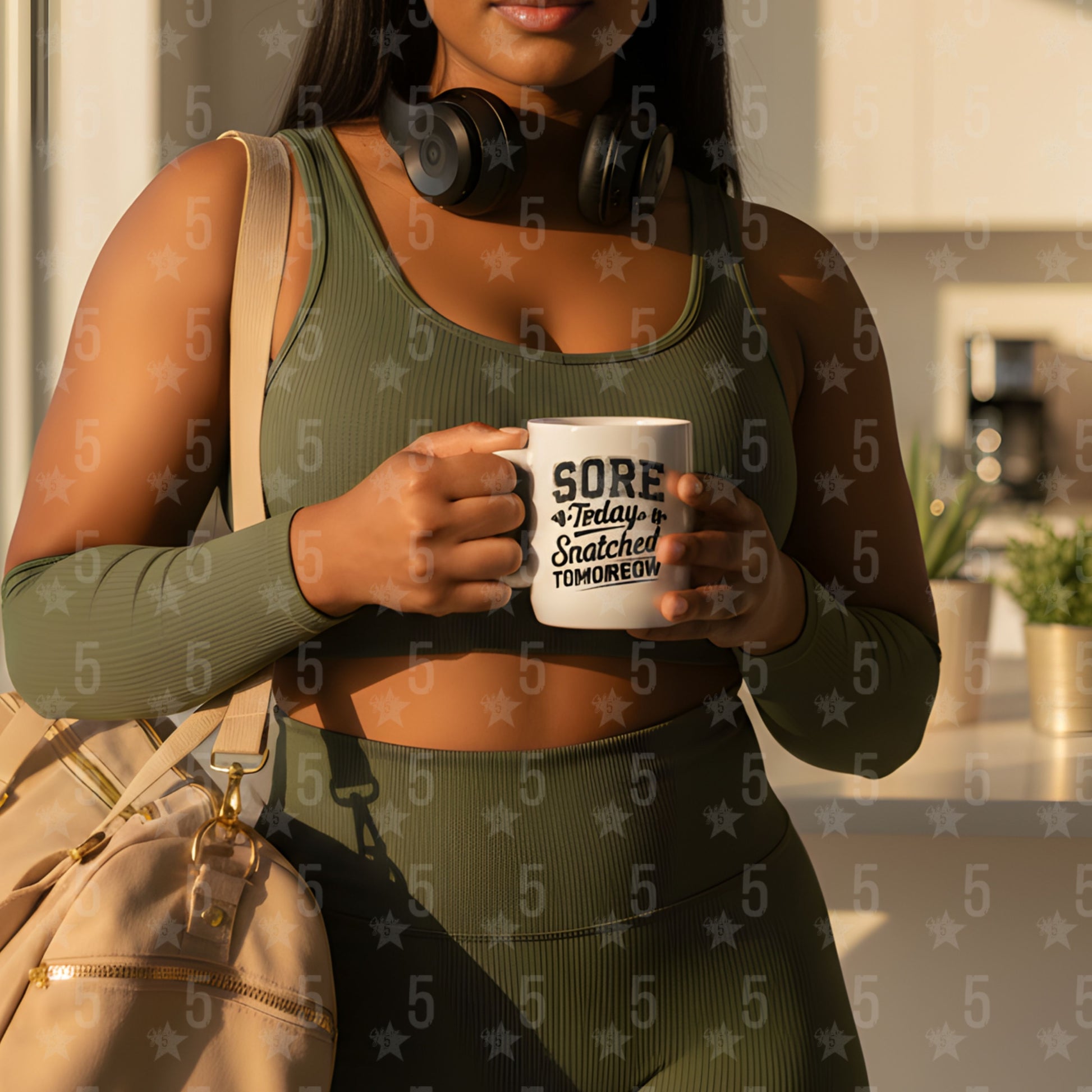 Person in green athletic wear holding a mug with text, standing outdoors.