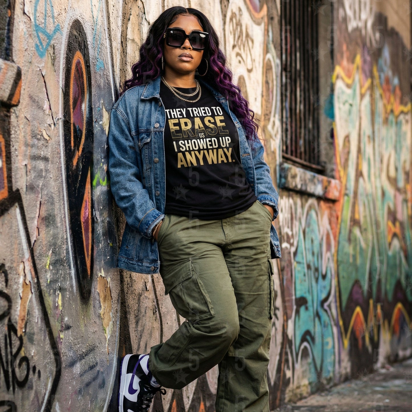 Person wearing a denim jacket and graphic t-shirt leaning against a graffiti-covered wall.