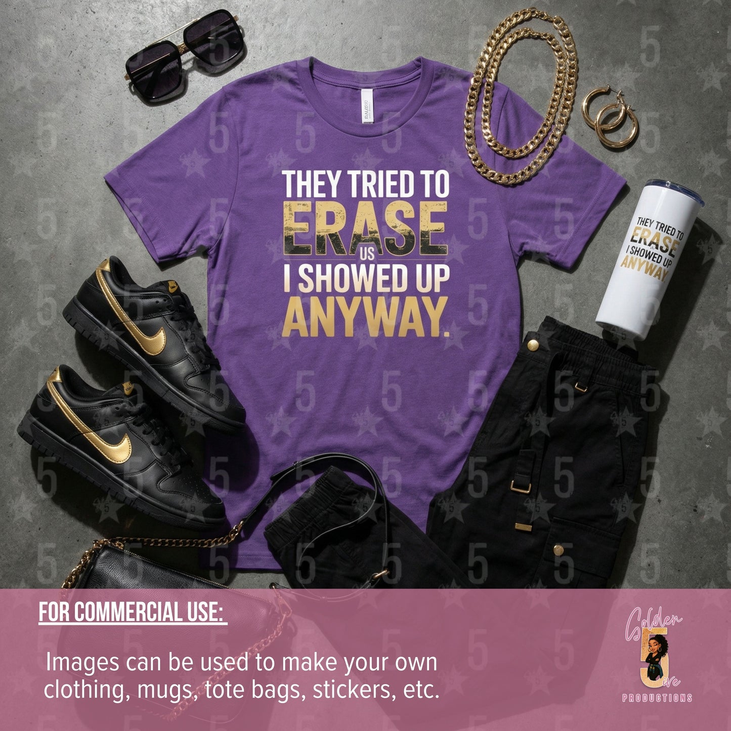 Purple t-shirt with text, black sneakers, gold chains, and other accessories on a gray background.