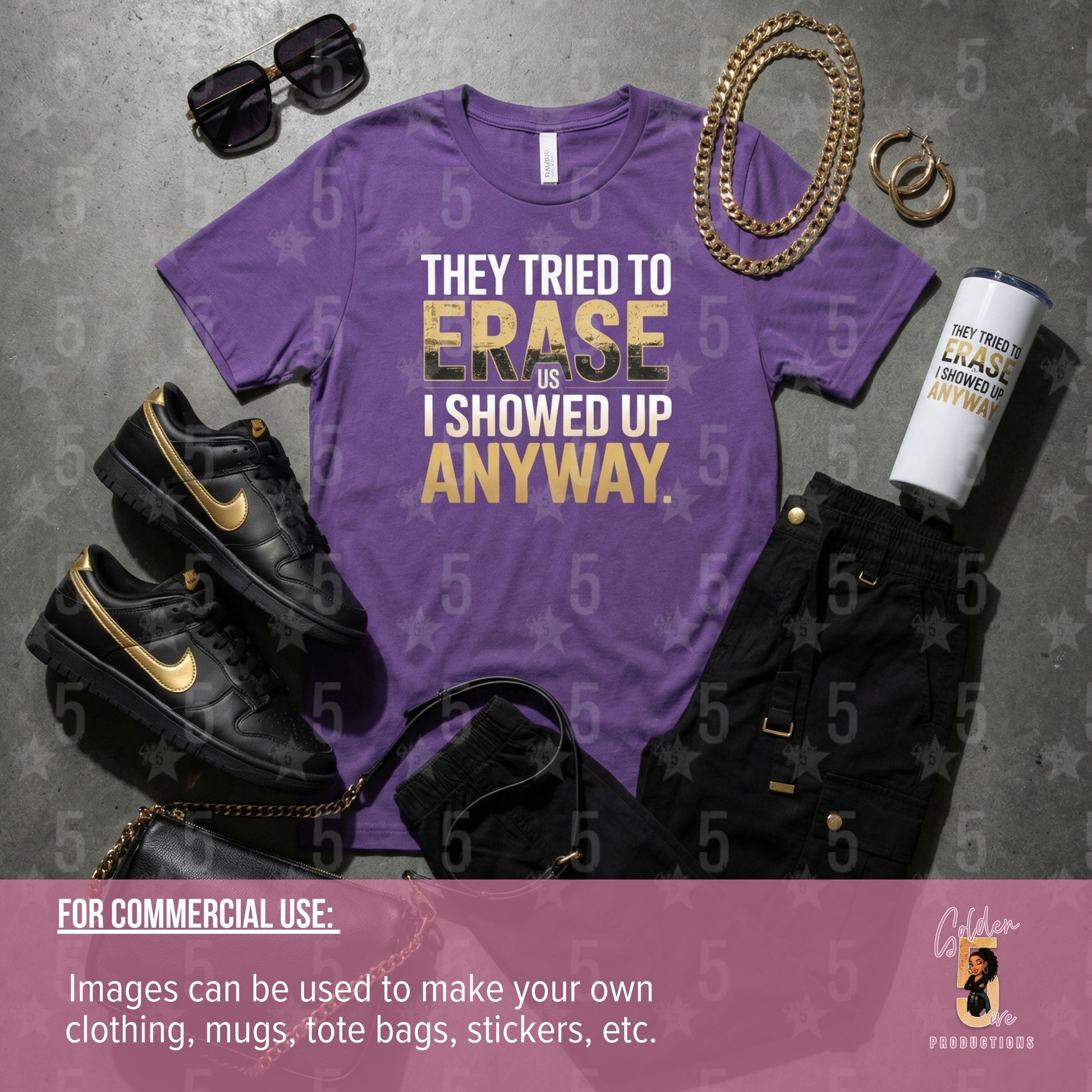 Purple t-shirt with text, black sneakers, gold chains, and other accessories on a gray background.