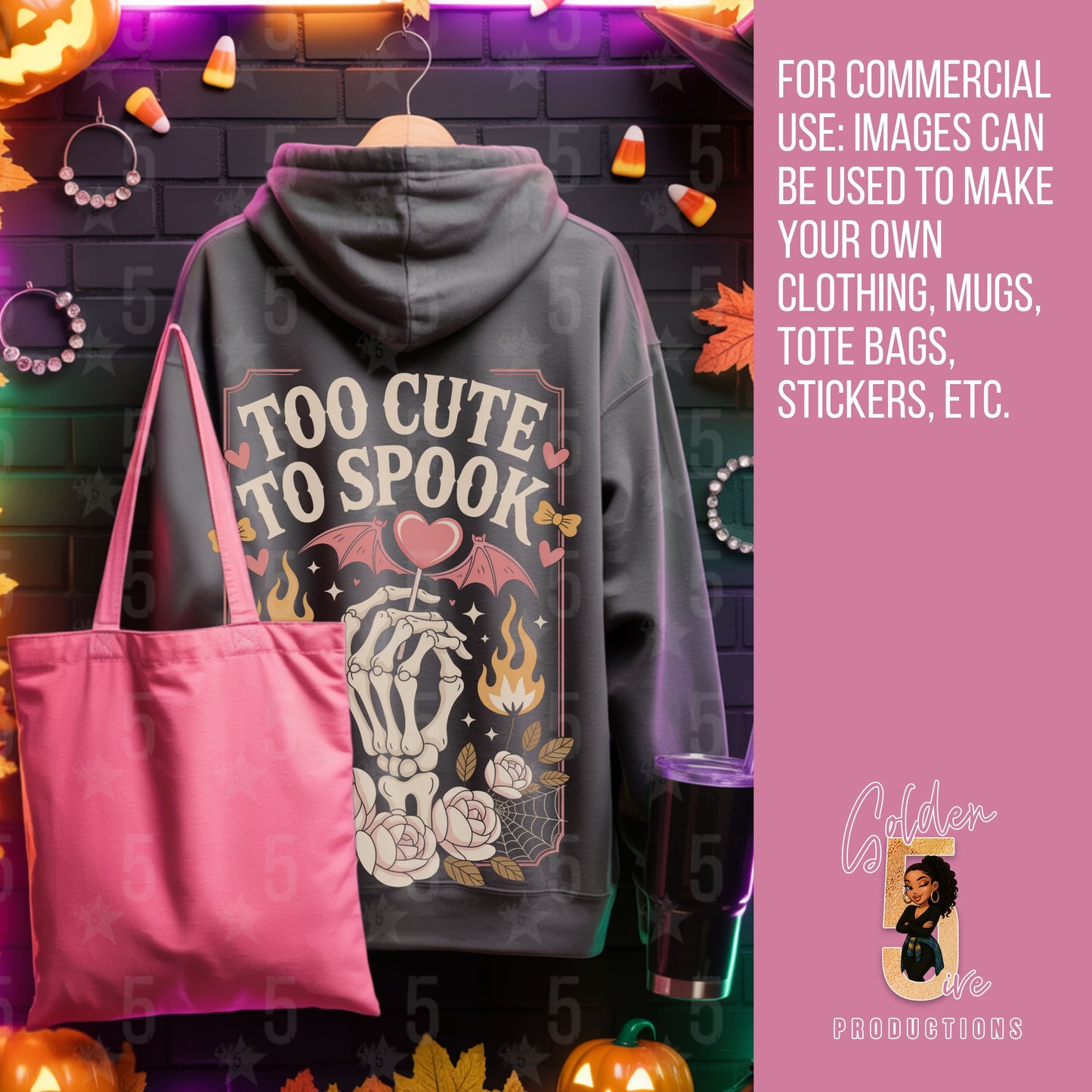 Hoodie with 'Too Cute To Spook' design and pink tote bag on a Halloween-themed background.