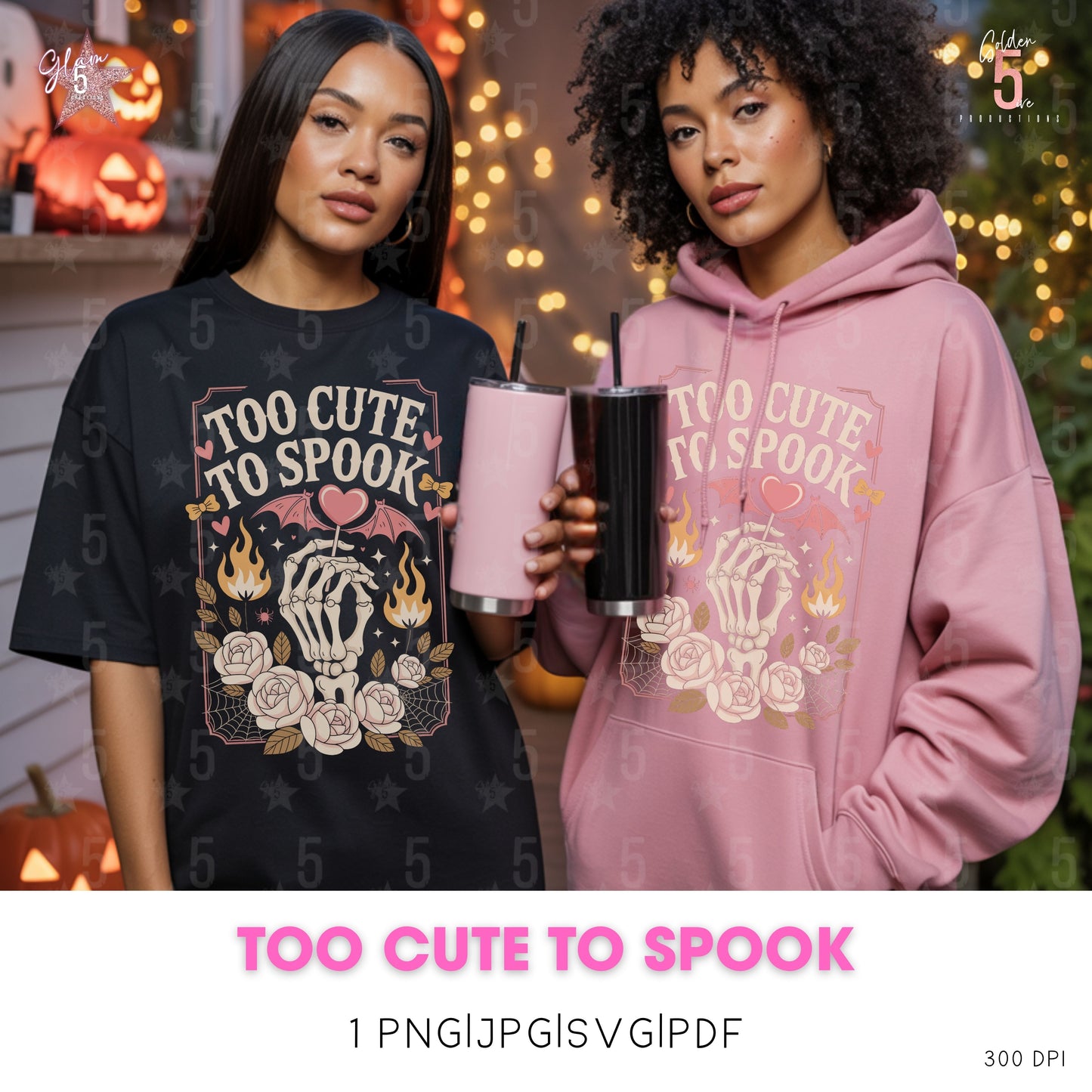 Two people wearing 'Too Cute To Spook' themed clothing and holding tumblers.