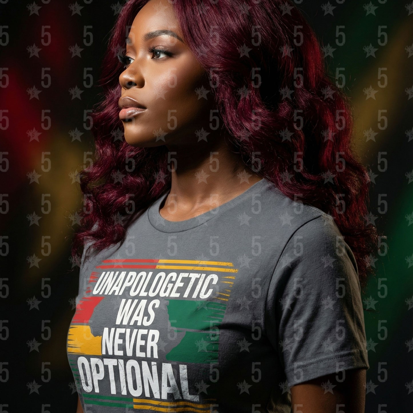 Woman wearing a t-shirt with a motivational message on a dark background