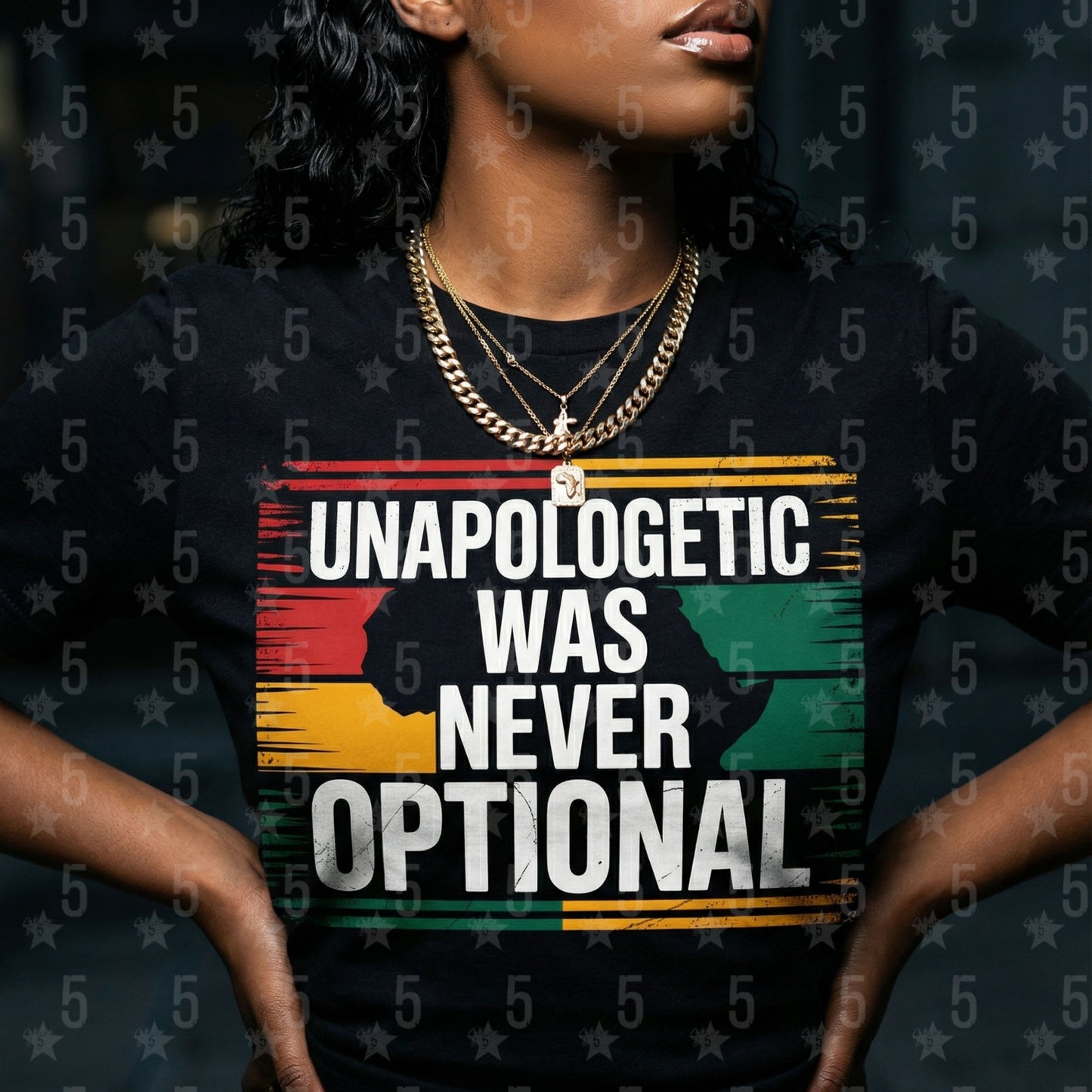 Person wearing a black t-shirt with a colorful graphic and text.
