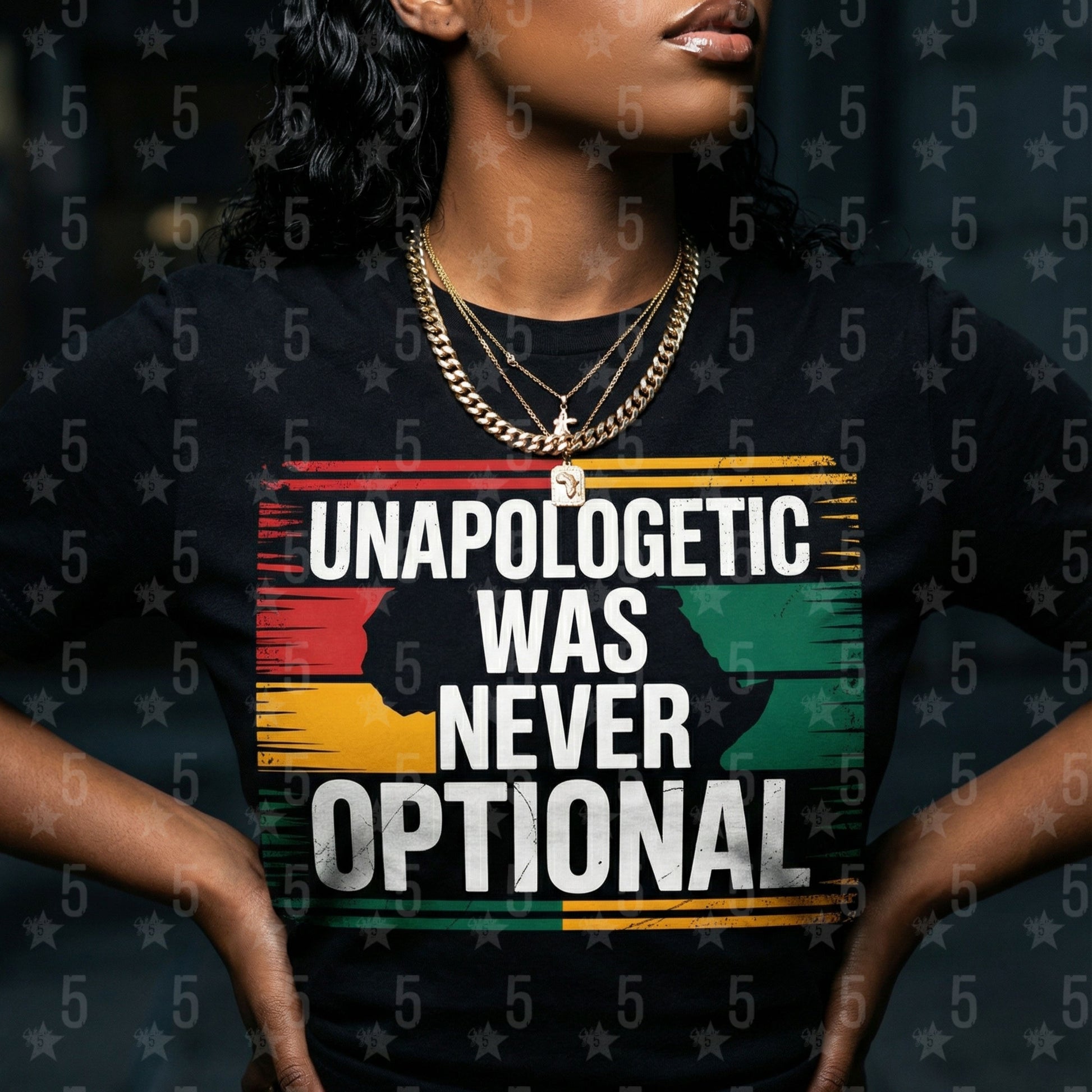 Person wearing a black t-shirt with a colorful graphic and text.