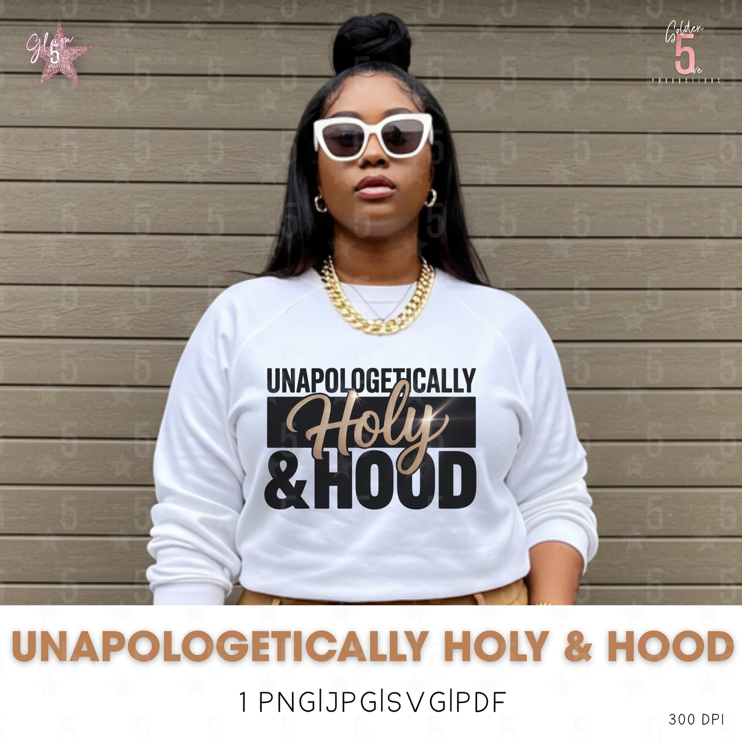 woman with white sweater with text saying unapologetically holy and hood