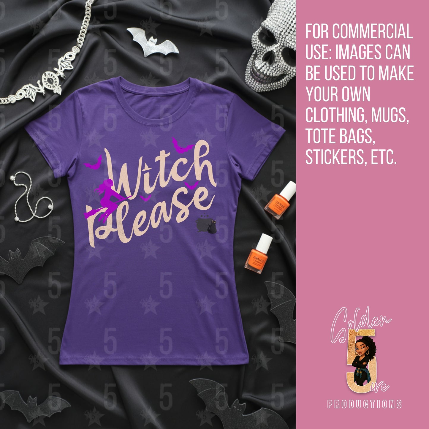 Purple t-shirt with 'Witch Please' text on a dark fabric background with Halloween decorations.