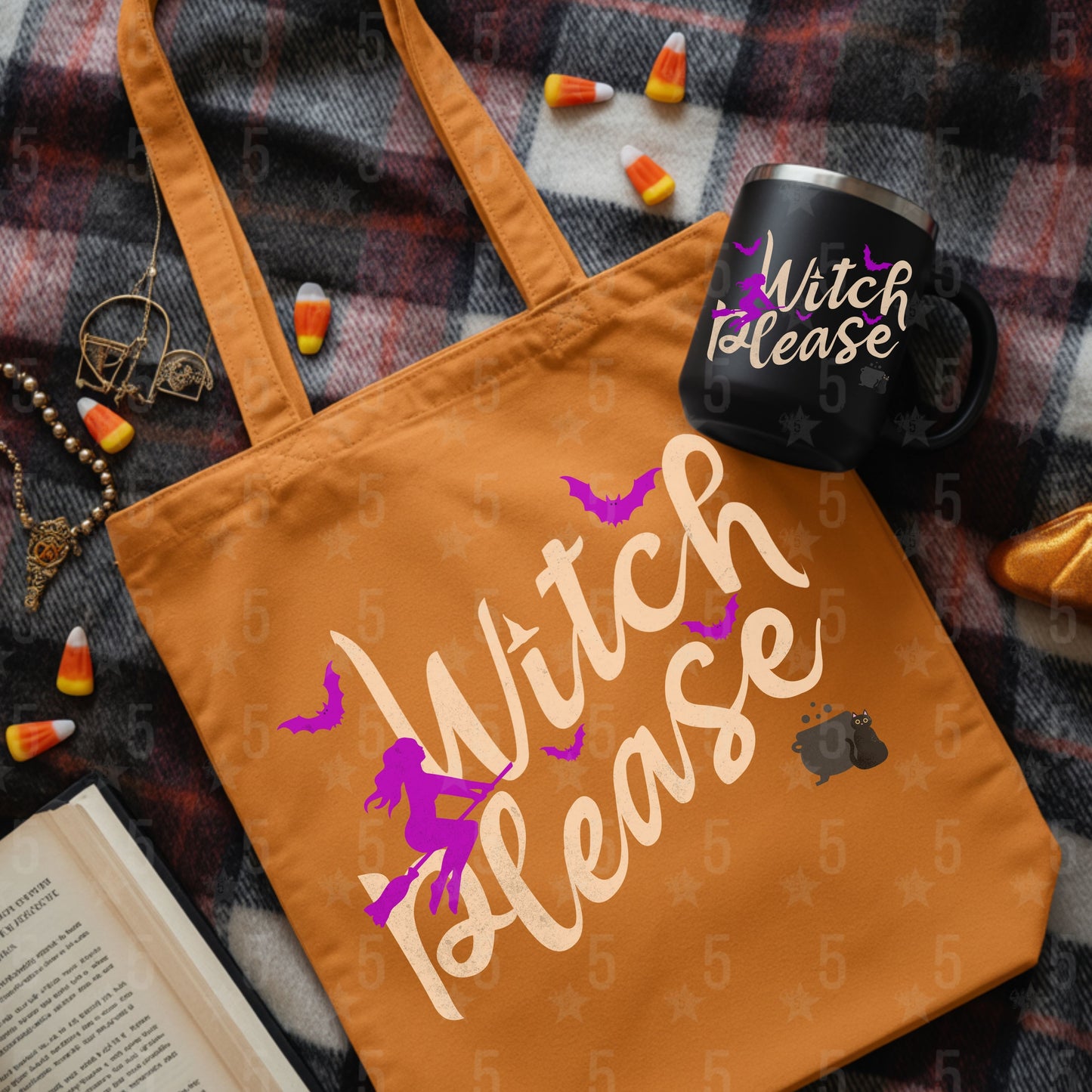 Orange tote bag with 'Witch Please' text, black mug, and candy corn on plaid fabric.