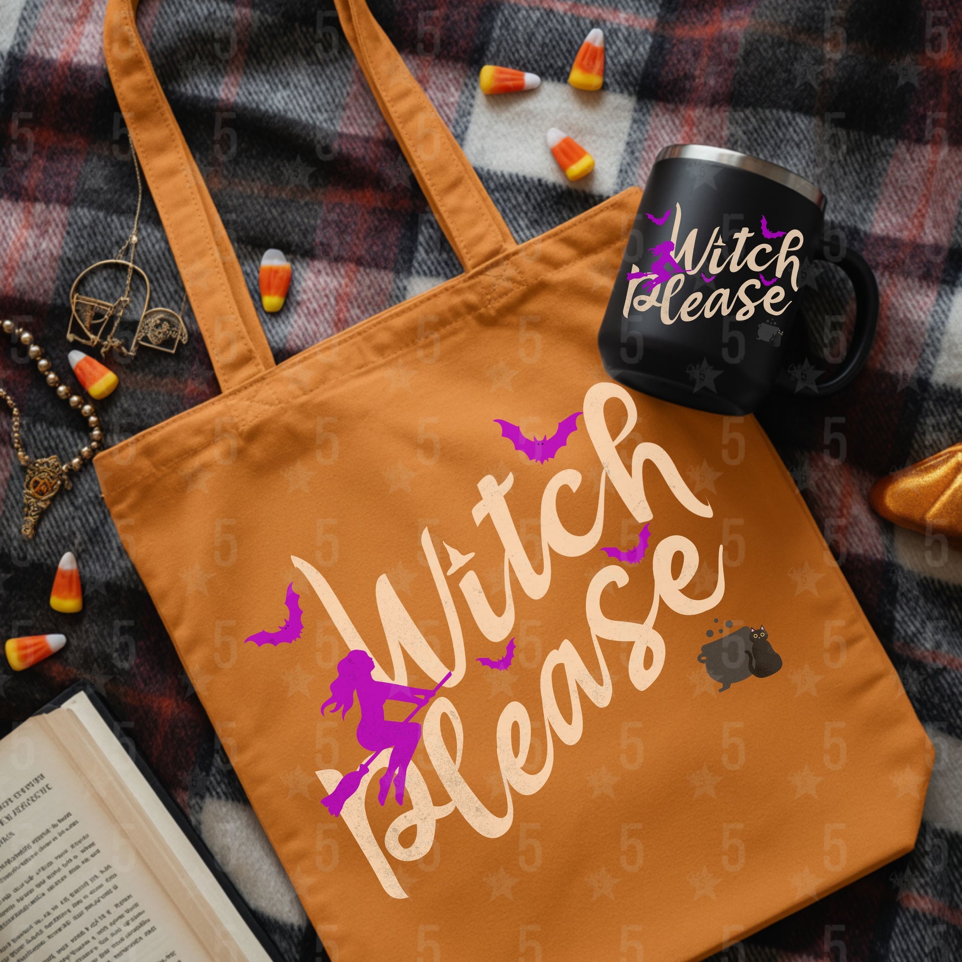 Orange tote bag with 'Witch Please' text, black mug, and candy corn on plaid fabric.