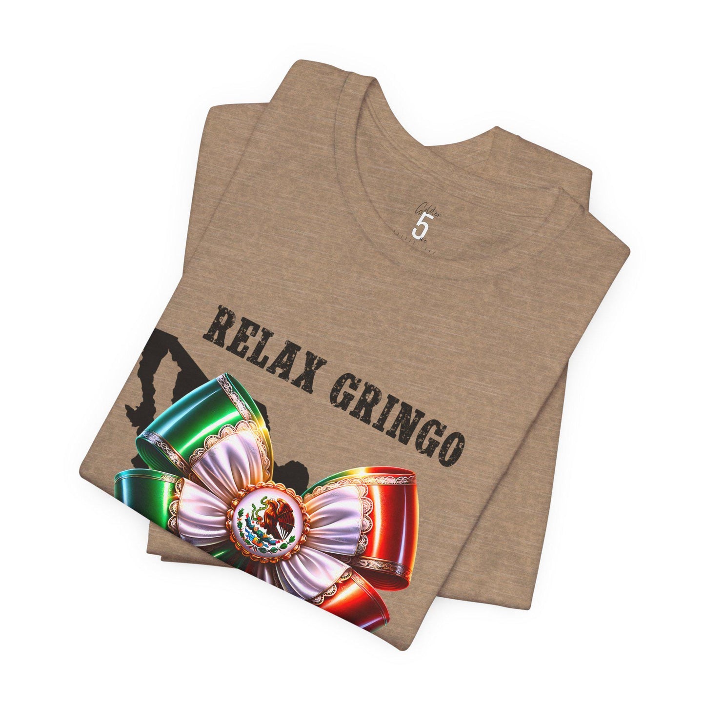 Beige top with Mexico bow graphic and text 'Relax Gringo I'm Legal on a white background