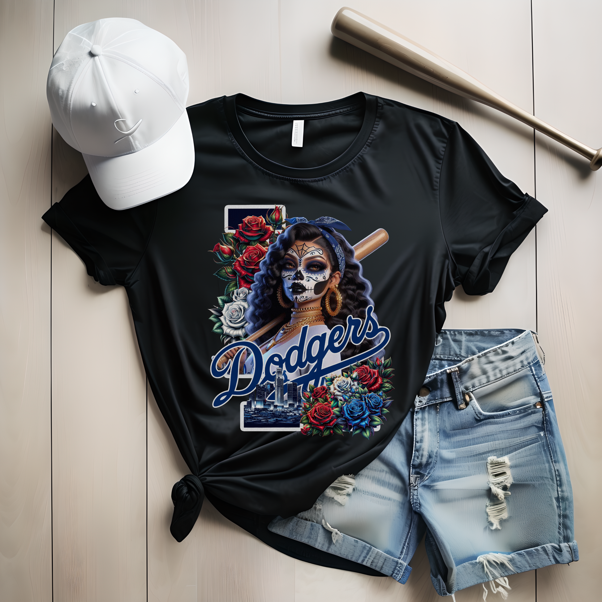 Black t-shirt with Dodgers dia de los muertos logo, white cap, and denim shorts on a light wooden surface