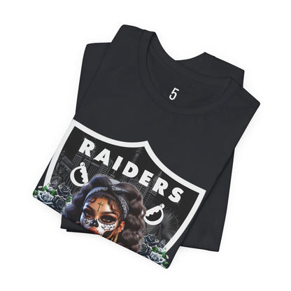 Black t-shirt with a dia de los muertos Raiders design on a white background.