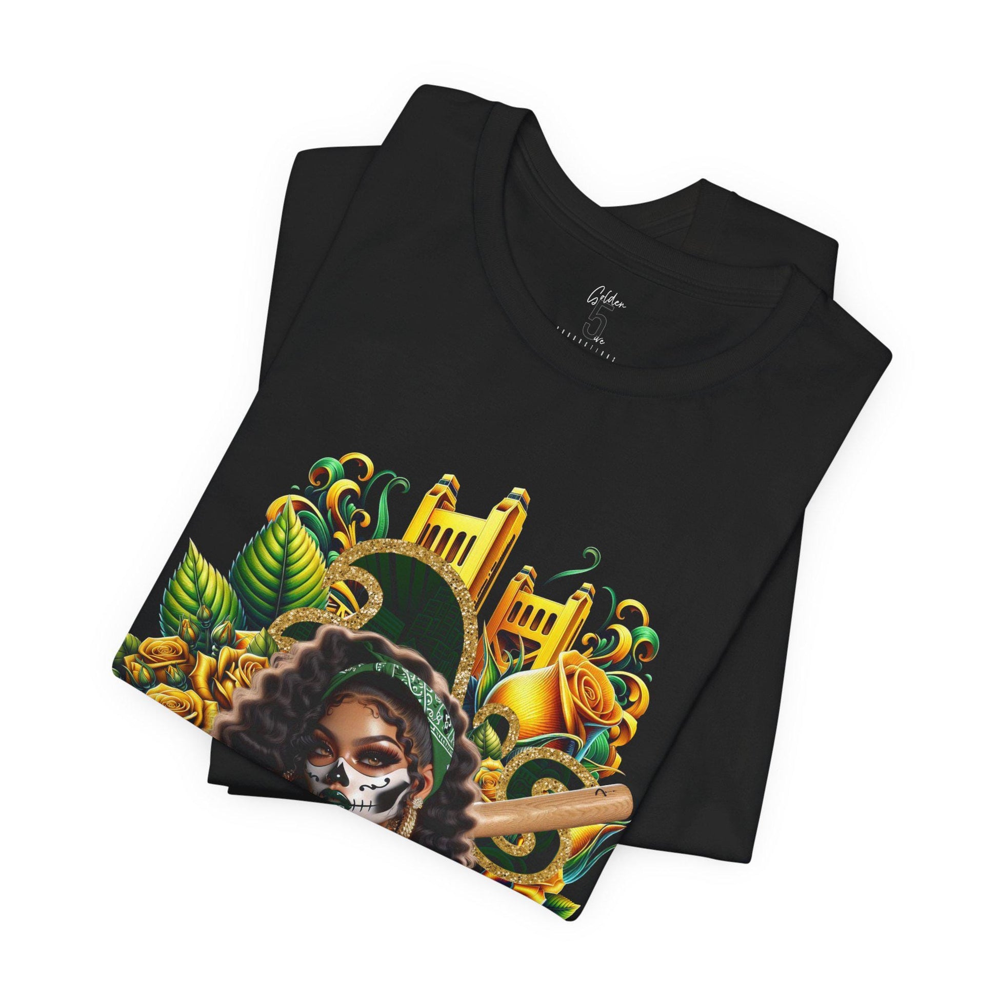Black t-shirt with dia de los muertos athletics design