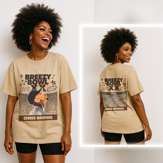 Woman wearing a beige t-shirt with Breezy Bowl graphic and text, standing against a plain background.
