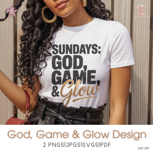 Woman wearing a white t-shirt with 'Sundays: God, Game, & Glow' text.