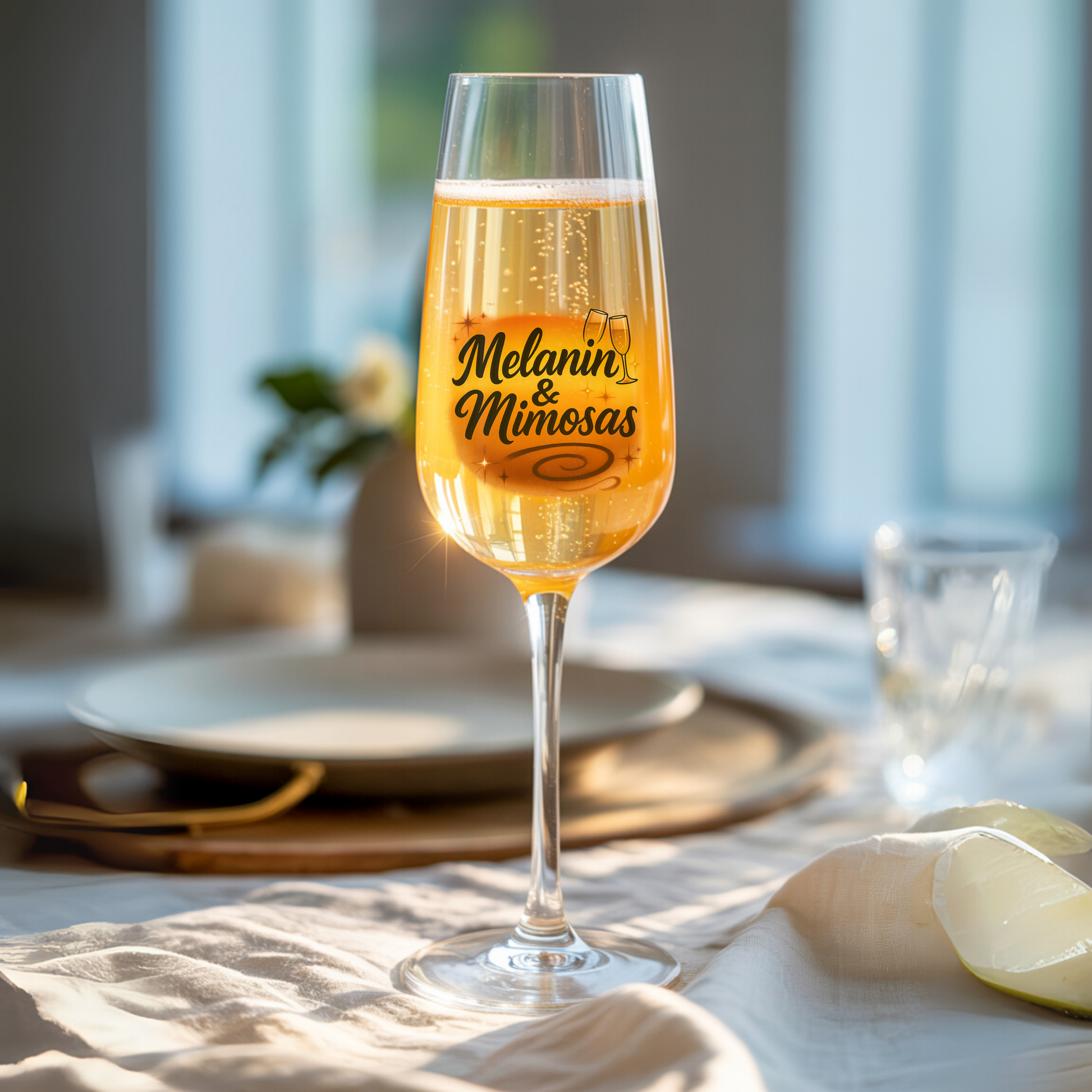 Glass of champagne with 'Melanin & Mimosas' text on a table setting.