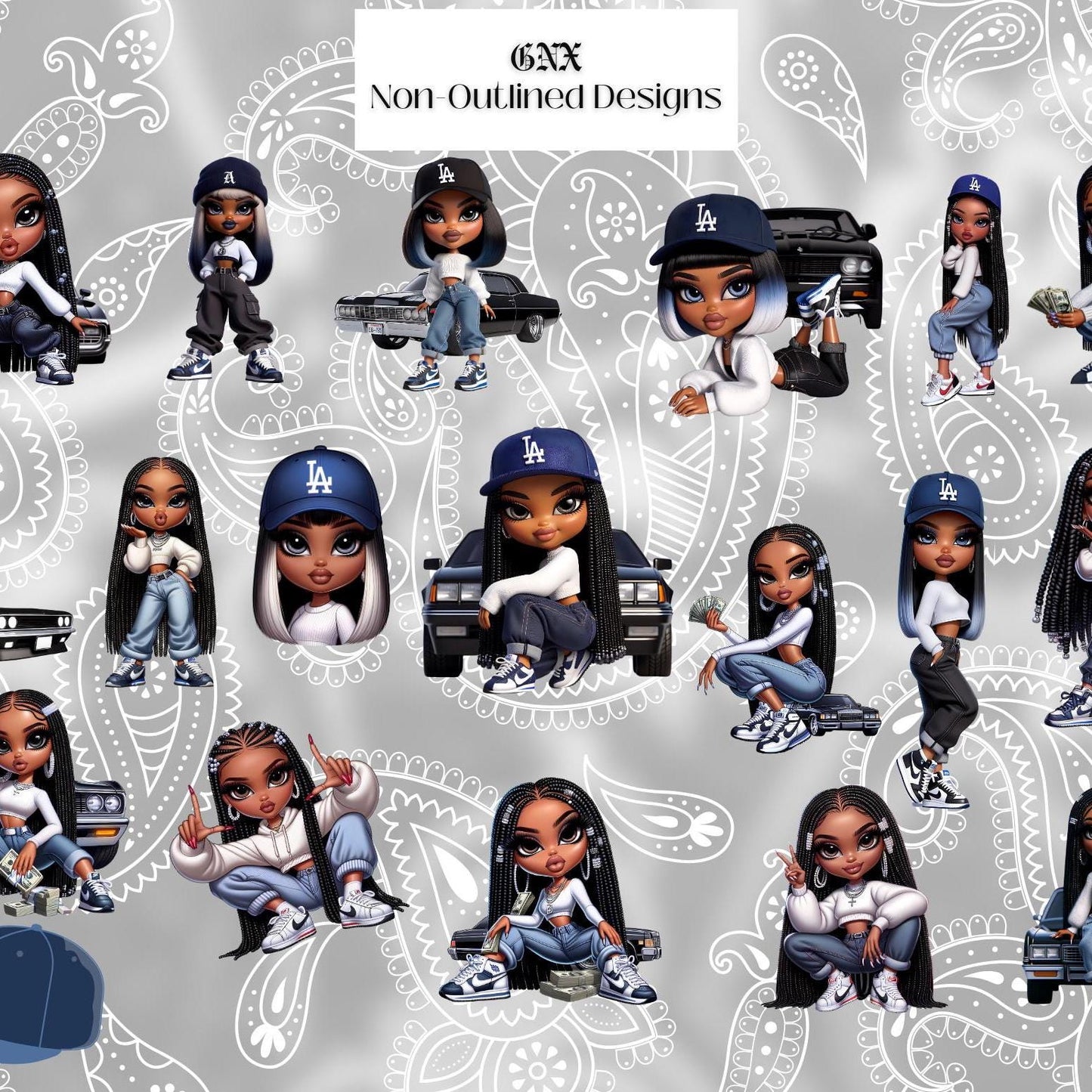 Pattern of bratz dolls with LA hats on a gray background with white designs