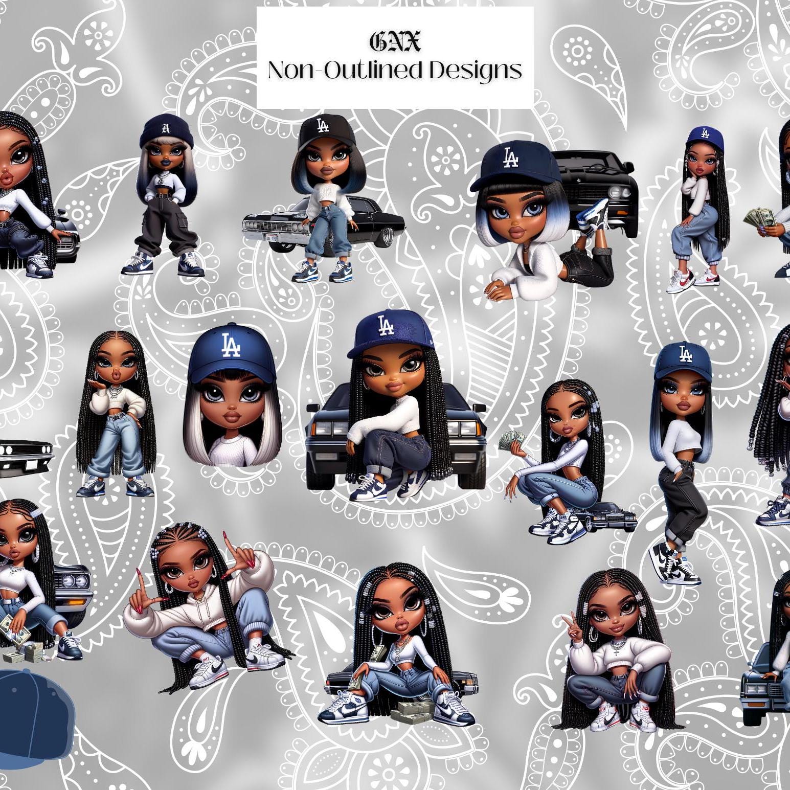 Pattern of bratz dolls with LA hats on a gray background with white designs