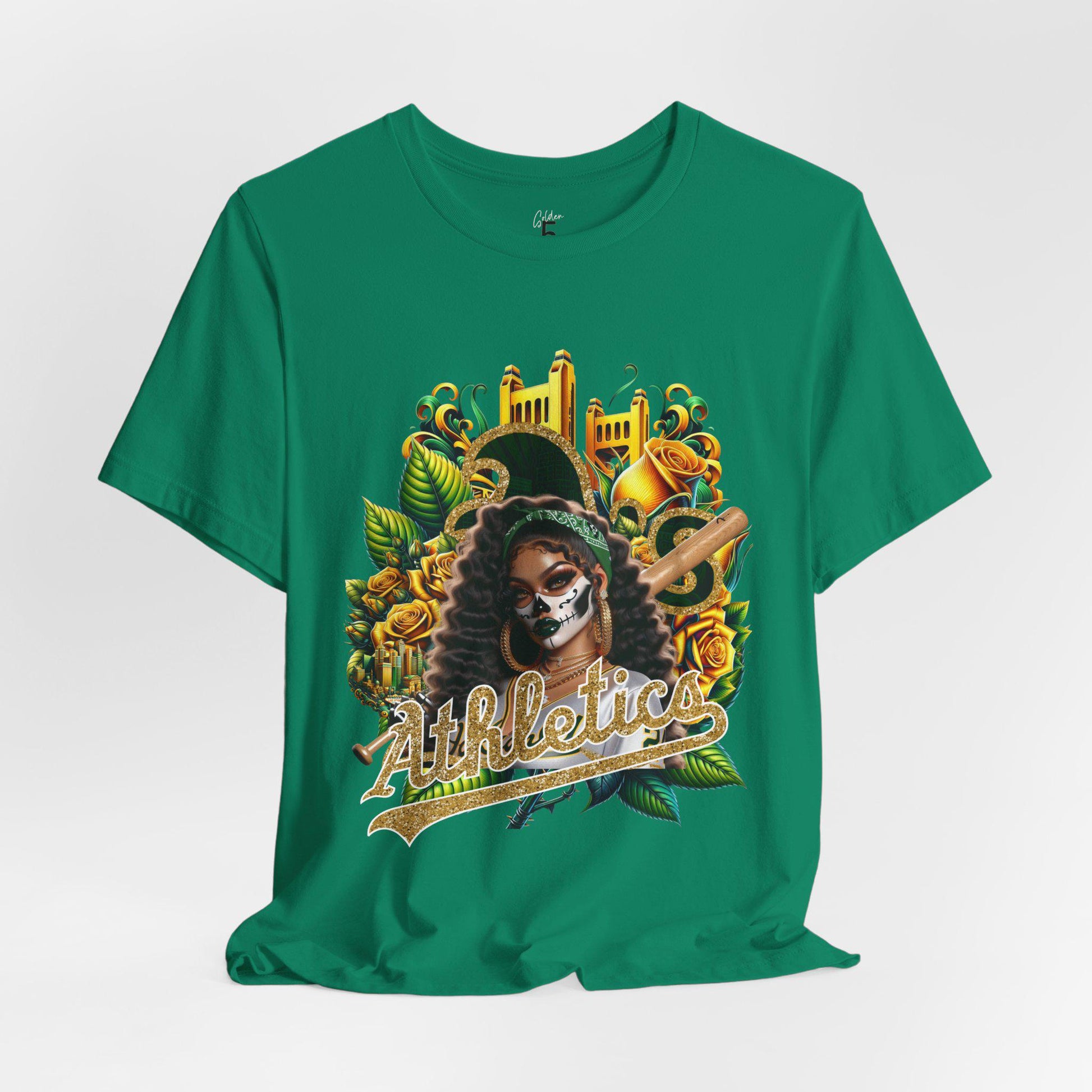 Green t-shirt with a dia de los muertos athletics design 