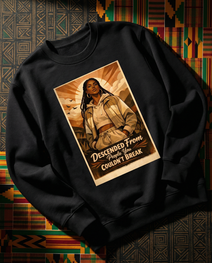 black crewneck sweater with a black history month design