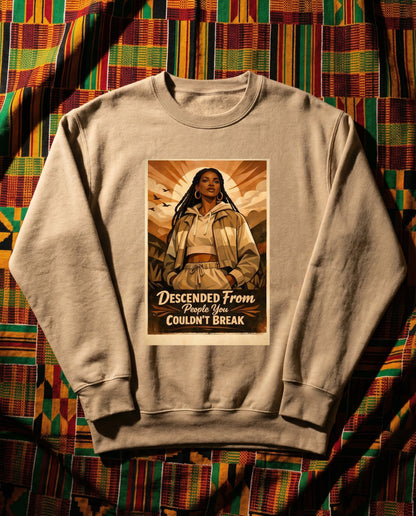 sand dune colored crewneck sweater with a black history month design on it