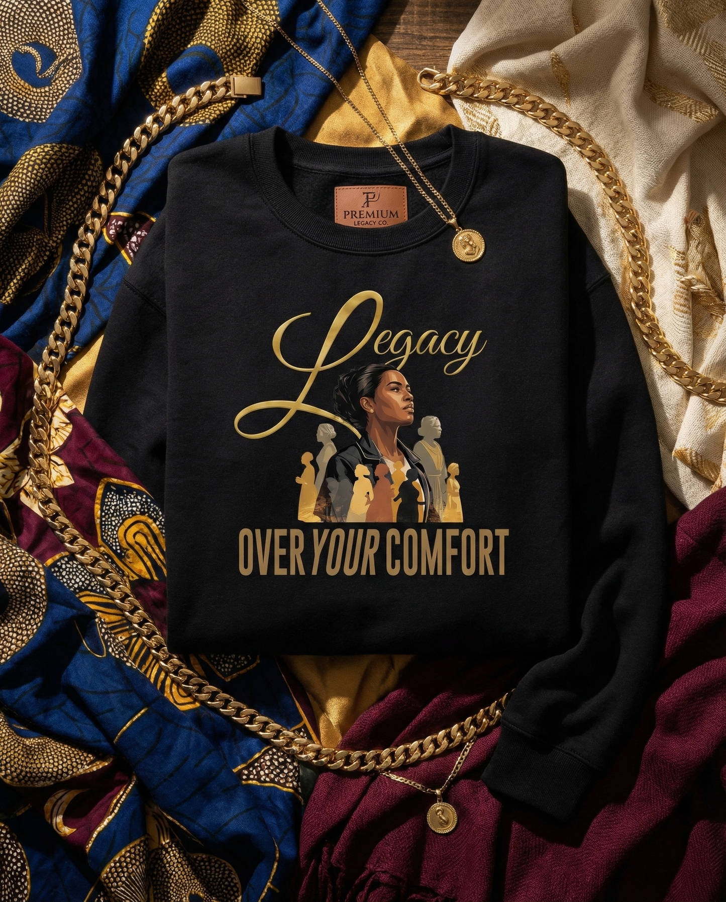 Black crewneck sweater with "Legacy Over Your Comfort" Design