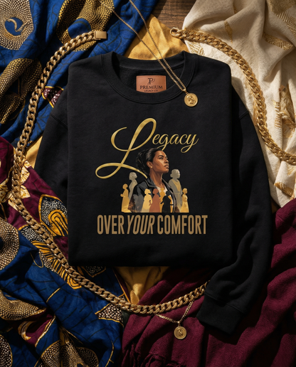 Black crewneck sweater with "Legacy Over Your Comfort" Design