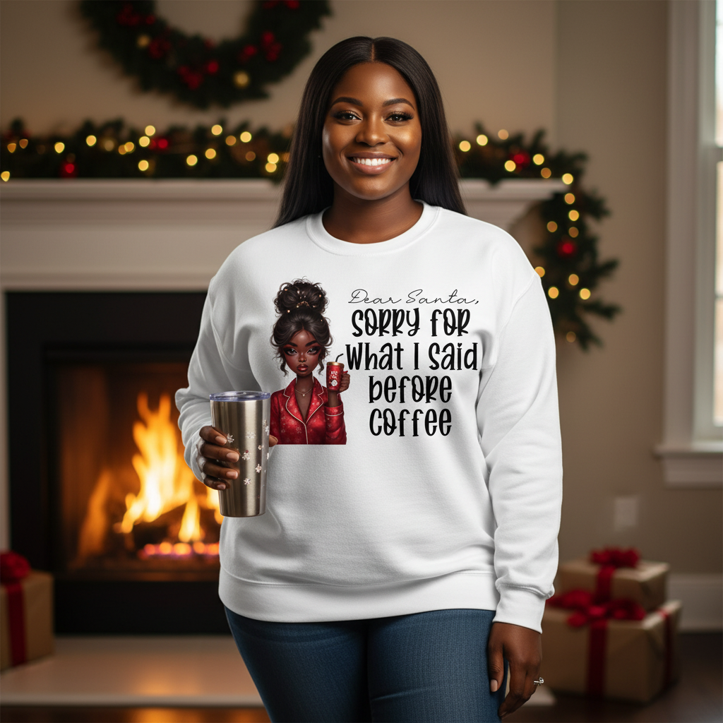 Woman wearing a white sweatshirt with a graphic and text, holding a mug in a festive room.