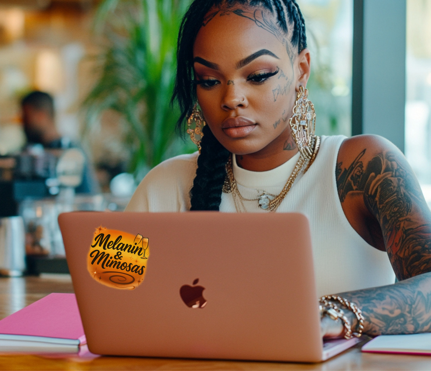 Woman with tattoos using a laptop with a 'Melanin & Mimosas' sticker in a casual setting.