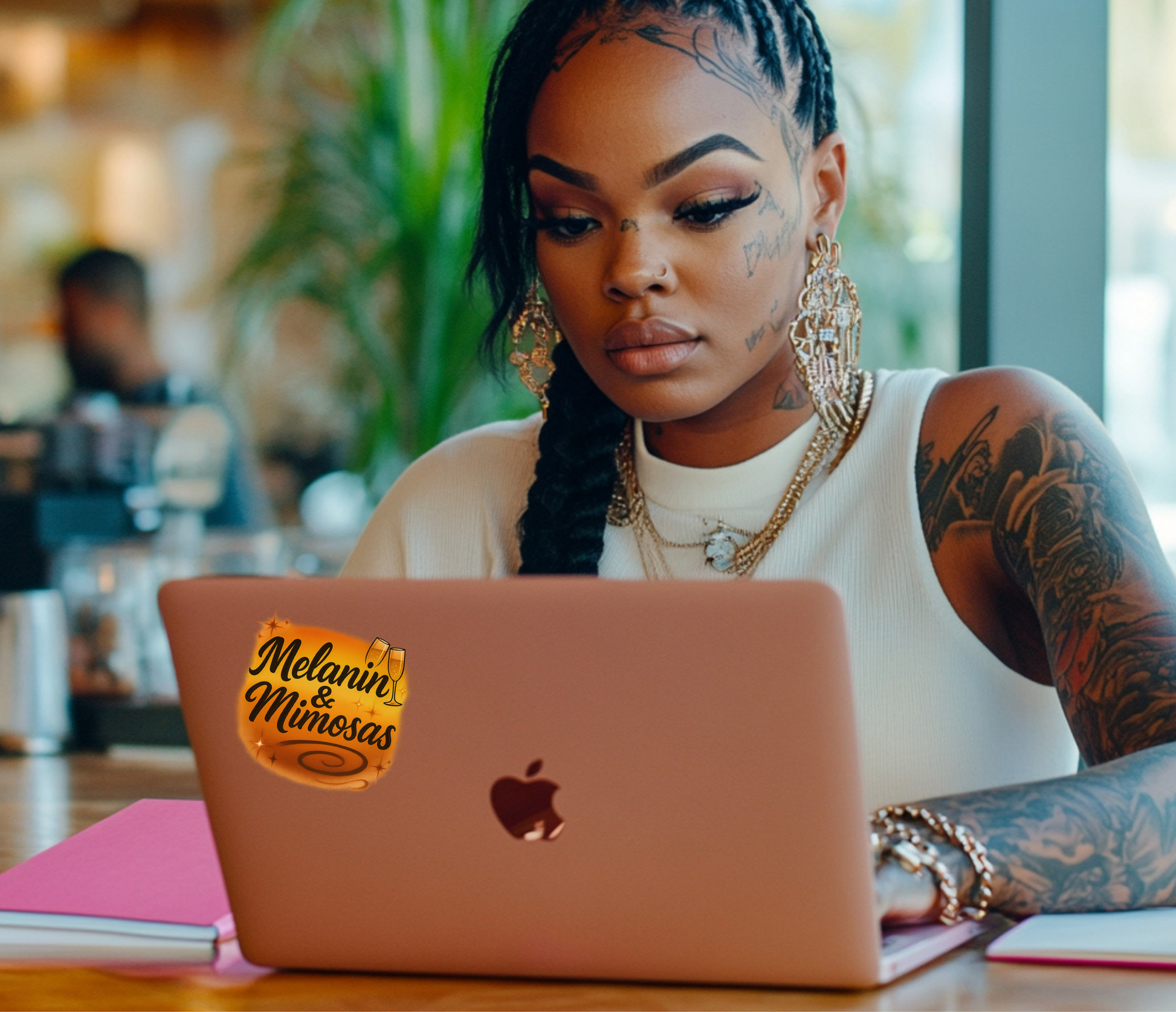 Woman with tattoos using a laptop with a 'Melanin & Mimosas' sticker in a casual setting.