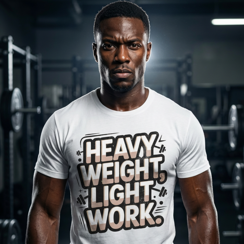 Man wearing a white t-shirt with 'Heavy Weight, Light Work' text in a gym setting