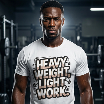 Man wearing a white t-shirt with 'Heavy Weight, Light Work' text in a gym setting