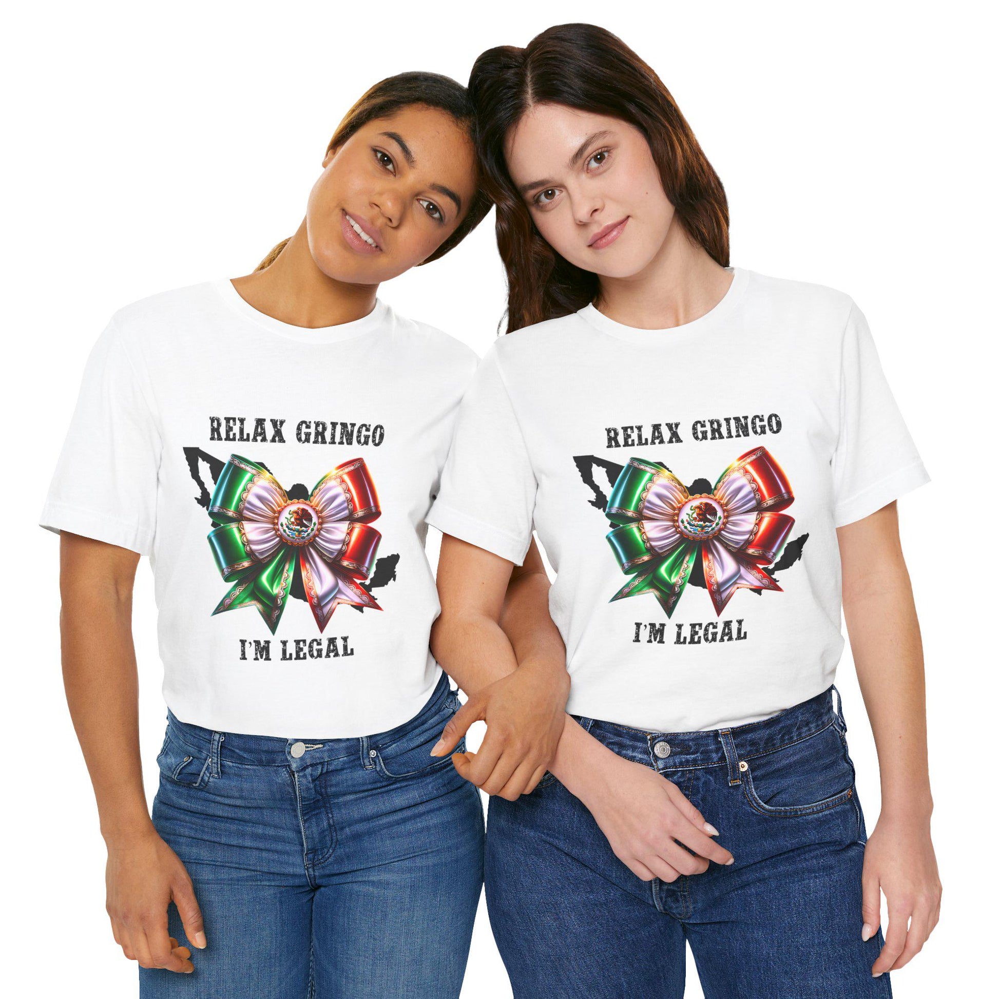 Two people wearing white t-shirts with a Mexican bow and Relax Gringo I'm Legal text