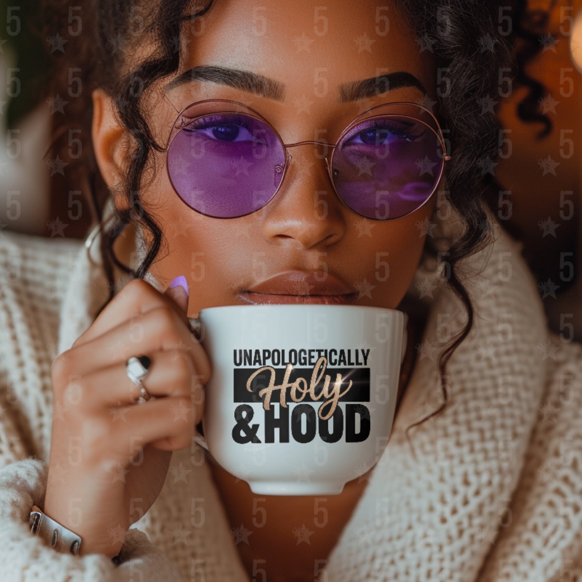 Person wearing purple sunglasses holding a mug with text, surrounded by blurred numbers