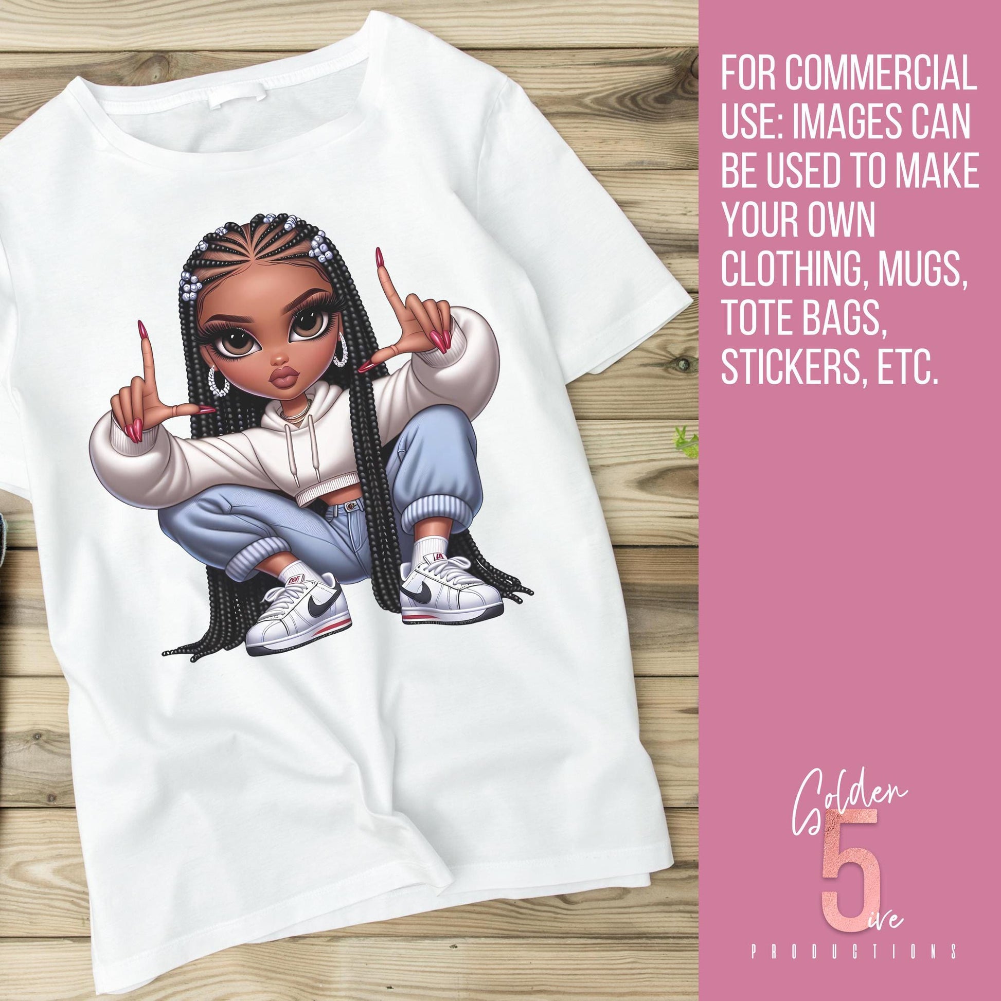 White t-shirt with a graphic of a bratz doll with braided hair on a wooden surface, with text about commercial use.