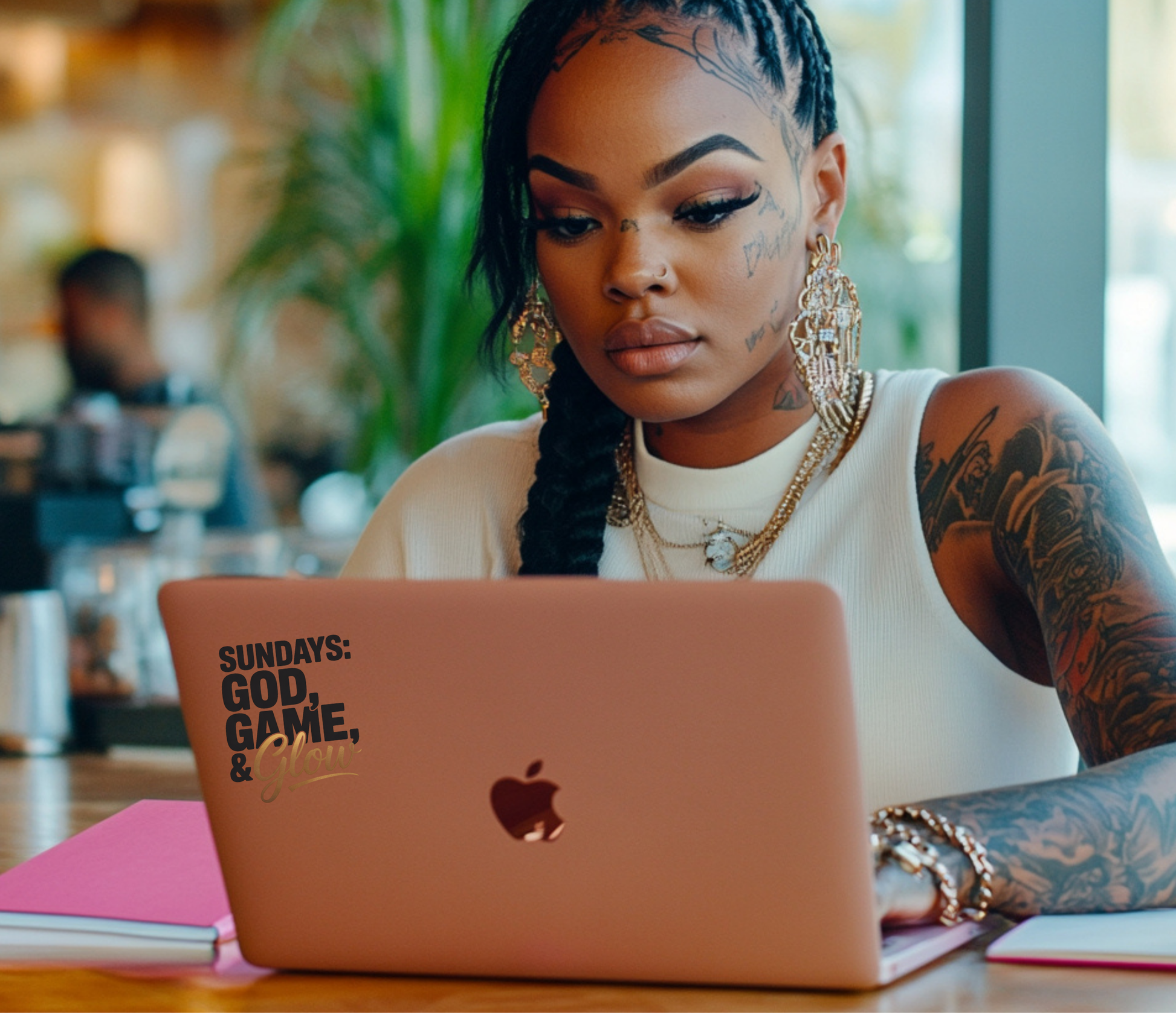 Woman with tattoos using a laptop with a sundays god game glow design sticker
