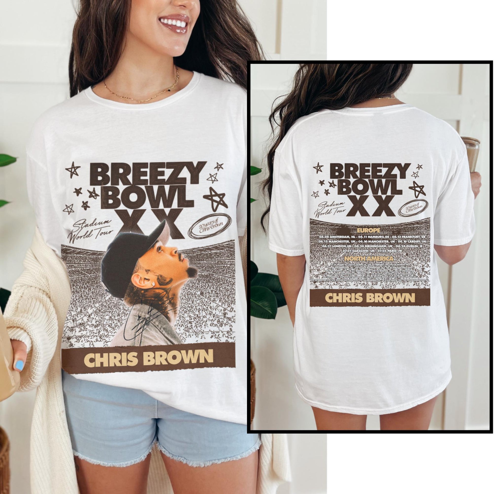 White t-shirt with 'Breezy Bowl XX' design featuring Chris Brown, worn by a person.