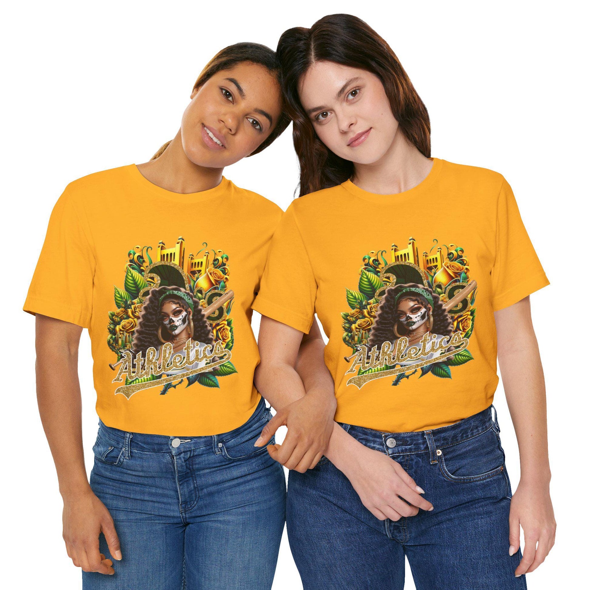 Two people wearing yellow t-shirts with dia de los muertos athletics design 